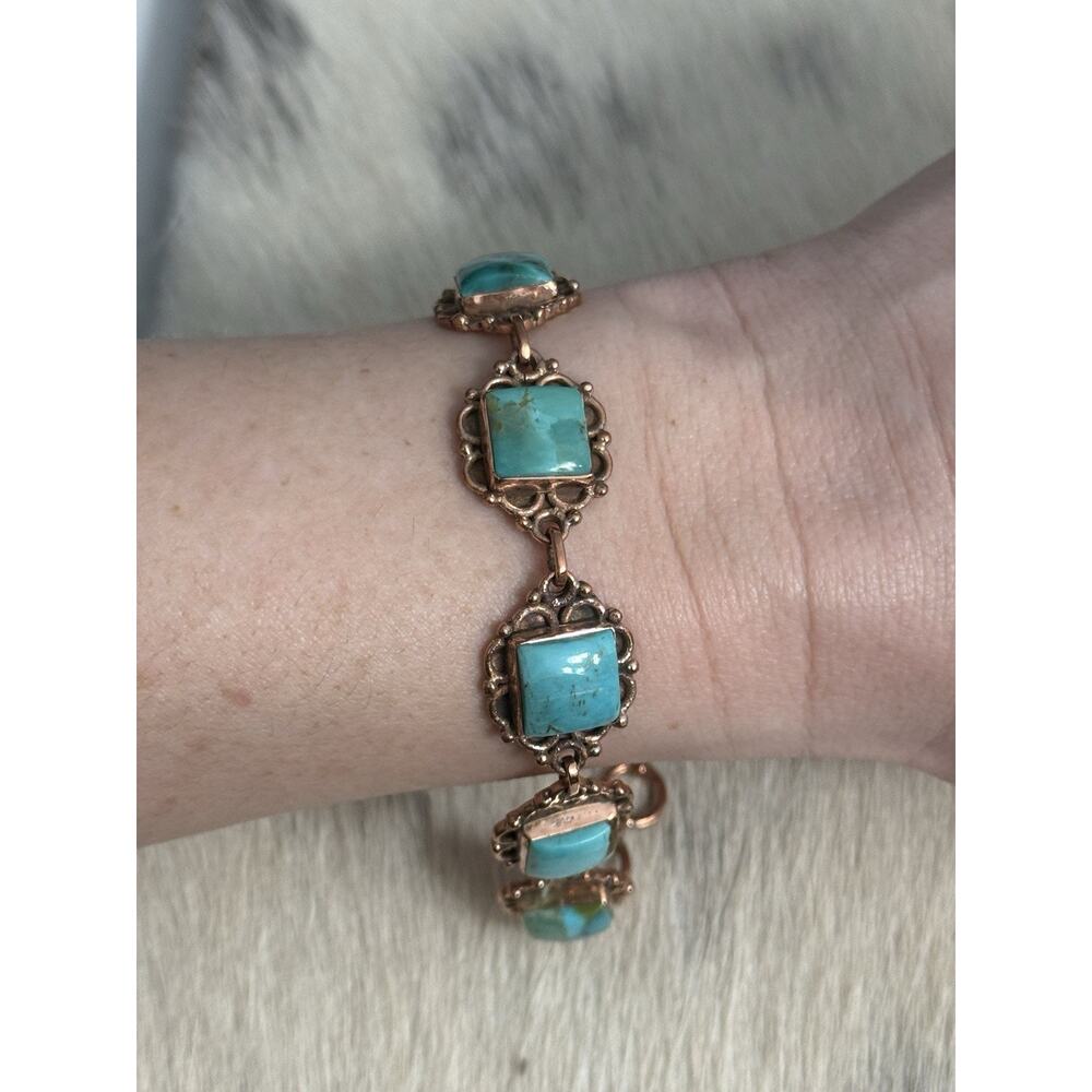 Copper Blue Mojave Turquoise Square Multistone Link Bracelet 7-8”..20G